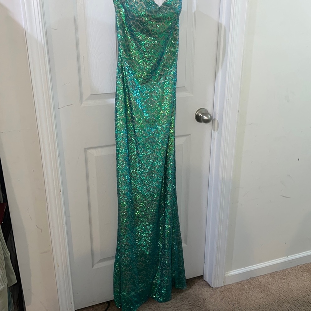 La Femme green sequined gown, sweetheart neckline, nude lining, size 2